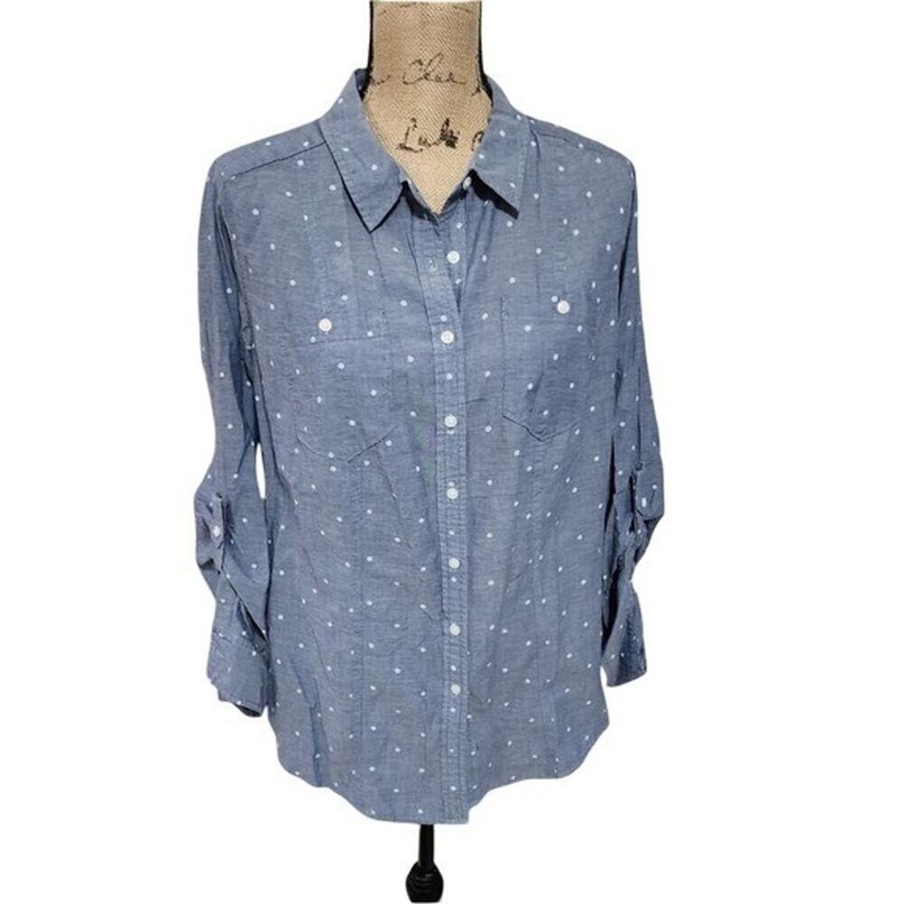 Lane Bryant Blue Polka Dot Chambray Button Down Roll Tab Shirt Womens 16 Cotton